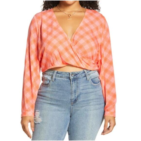 New BP. BP NORDSTROM ~ Pink-/Red Ian Bias Plaid Surplice V-neck Crop Top Size S - Picture 2 of 8